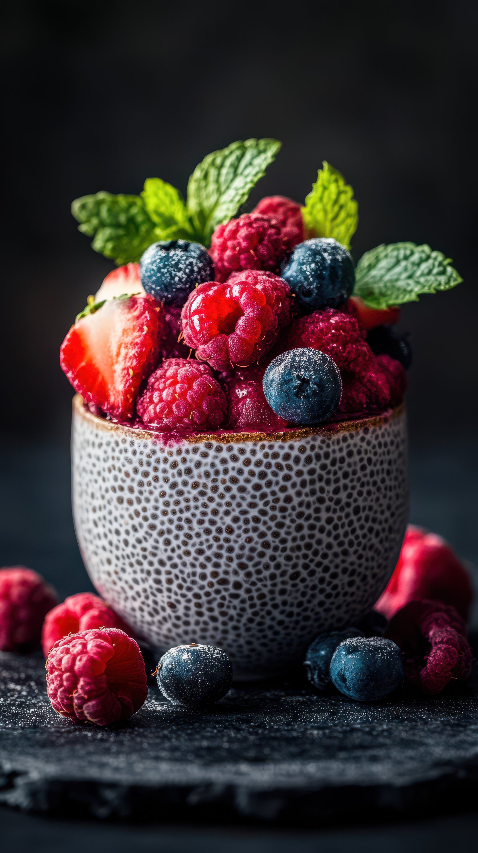 Fresh berries in a textured bowl with mint leaves on a dark background create a vibrant and healthy dessert option